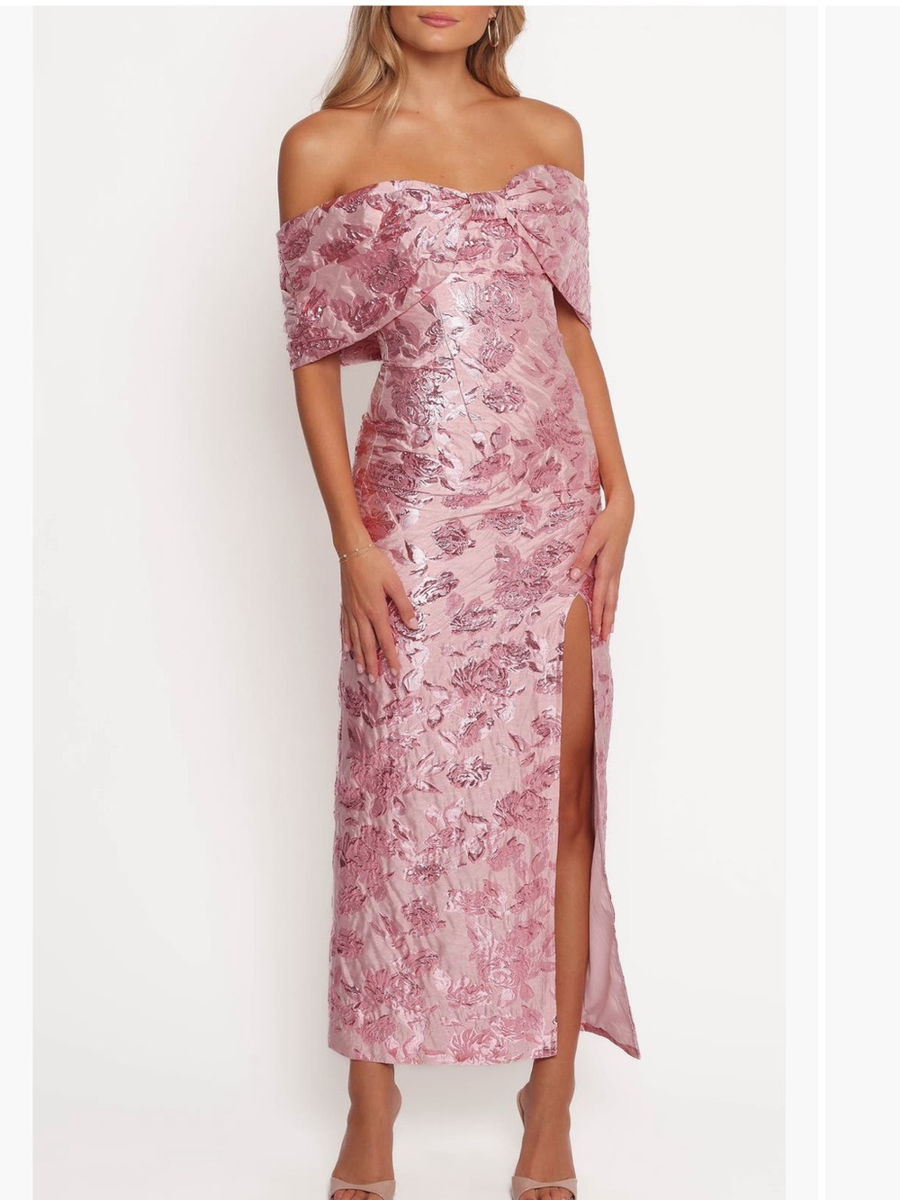 Off-Shoulder Pink Floral Jacquard Midi Dress